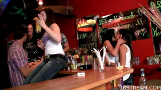 Teens eat pussy in the bar for viewers