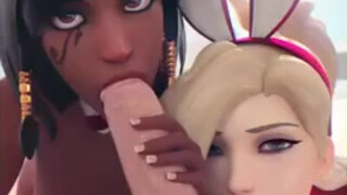 В аниме порно Mercy и Pharah делят между собой большой член